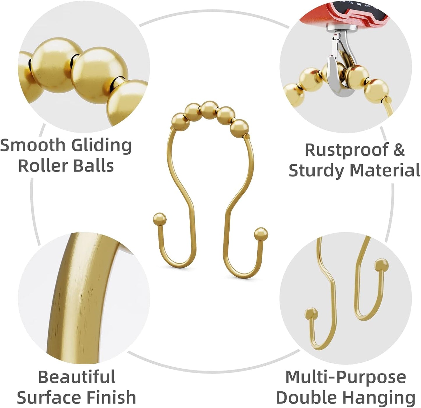 Gold Shower Curtain Hooks, Shower Curtain Hook Shower Curtain Rings Rust Proof Smooth Double Shower Curtain Hooks, Shower Hooks for Shower Curtain Bathroom Shower Rod Hook 12 Pcs