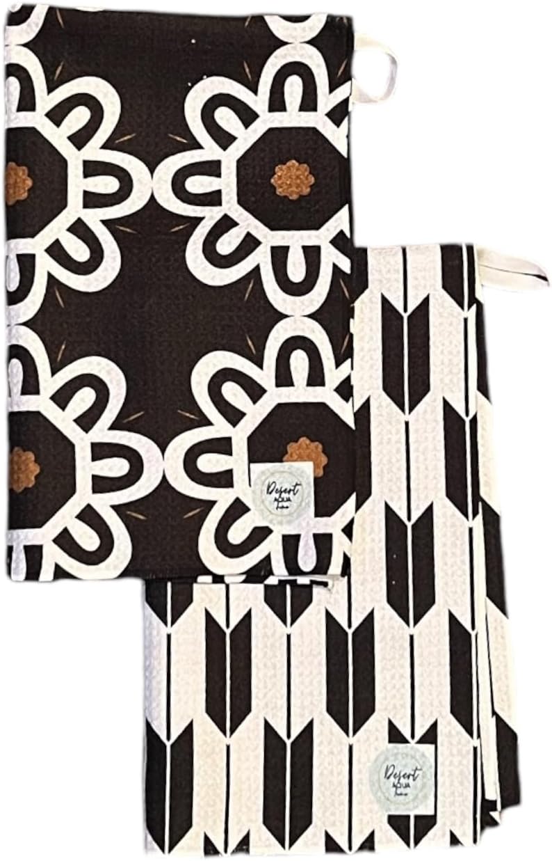 2 Pack Double Sided Kitchen Towels || Dish Towels || Quick Dry || Designer Prints || Highly Absorbent || Hanging Hook (Black)