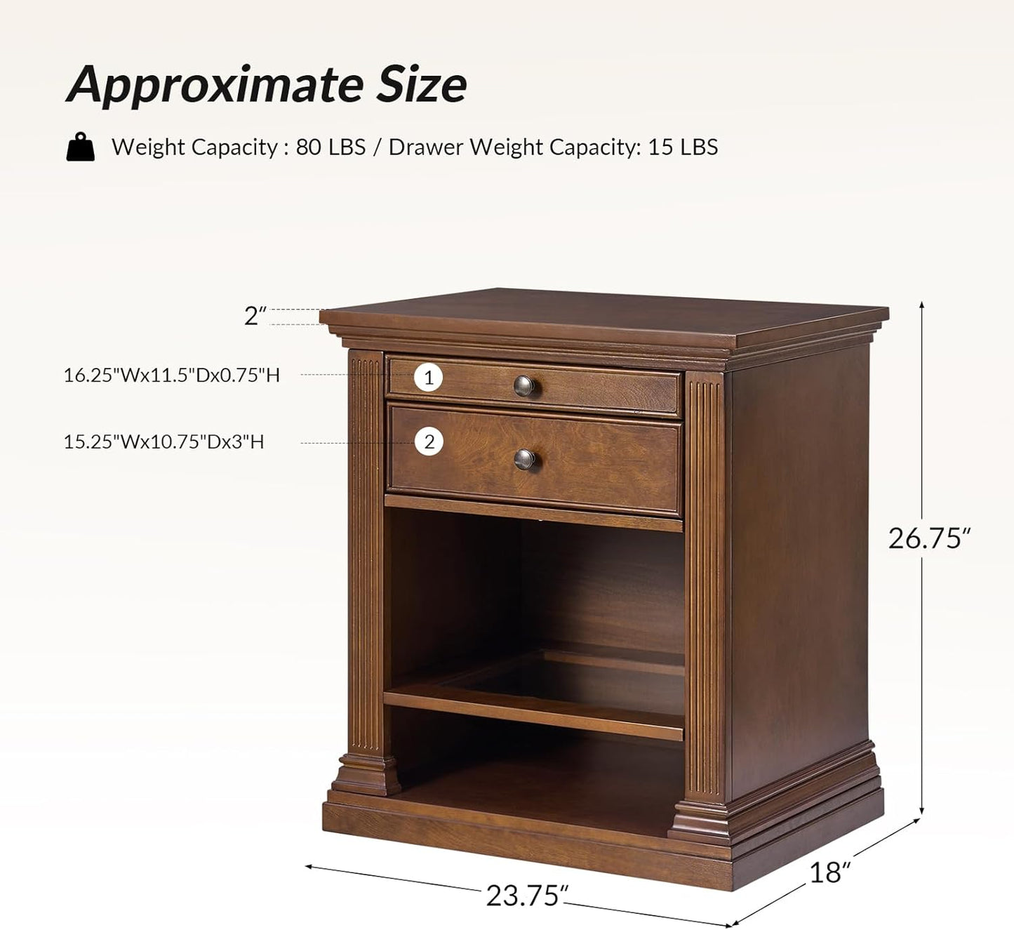 HULALA HOME Wood Nightstand with Tray and Storage Shelves, Traditional Design with Roman Column, End Table with Charging Station/LED, WALNUTT