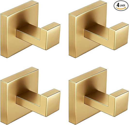 Nolimas 4 Pack Gold Towel Hook Stainless Steel Bathroom Rustproof Clothes Towel Coat Hook Wall Mounted Square Toilet Kitchen Heavy Duty Door Hanger