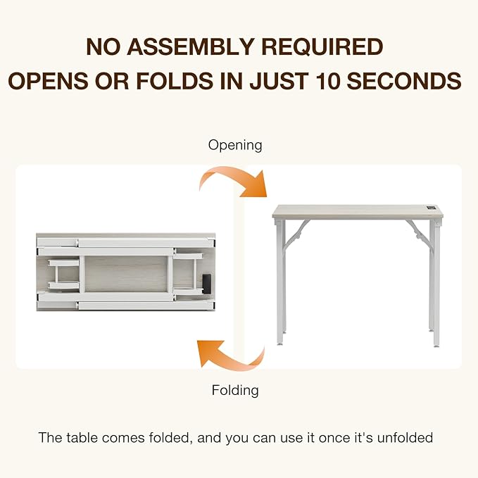 TEMI Small Computer Desk Folding Table - No Assembly, Compact 35.8" Foldable Desk with Power Outlets & USB Charging Port, Portable Small Office Desk, Ideal Mini Study Table for Narrow Spaces,White Ash