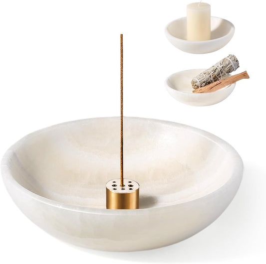 Koville Natural Marble Incense Holder, Incense Holder for Sticks with 9 Holes, Handmade Incense Burner Ash Catcher for Meditation Yoga SPA, Balsam Fir/Palo Santo/Sage/Cone (White)