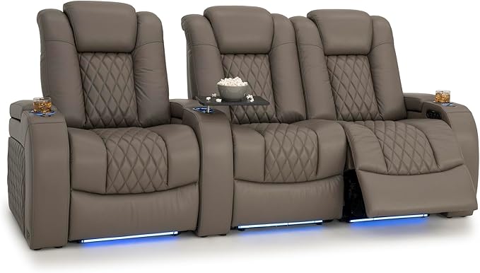 Seatcraft Diamante Zero-Gravity CoolZero Italian Leather Home Theater Seating, Power Headrest, Power Recline, Row of 3 Right Loveseat, Gray