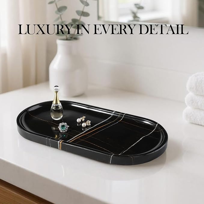 Koville Natural Black Marble Tray, 12"x6" Decorative Tray for Countertop, Catchall for Perfume, Candles, Jewelry Dish