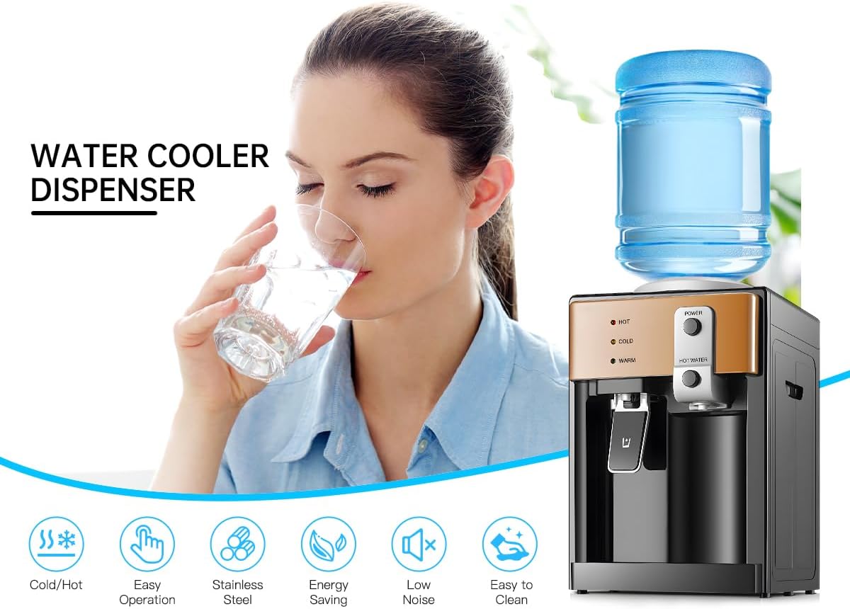 Housiwill Countertop Water Dispenser, Top Loading Water Cooler for 1.2 to 5 Gallon, 3 Temperature Settings Room Temperature Water Cold Hot Water Dispenser, Suitable for Home, Office, Dorm Bedside Use