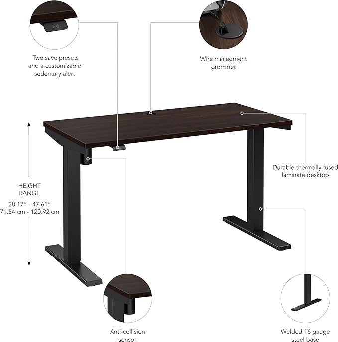 Bush Business Furniture 48-inch Electric Height Adjustable Standing Desk, Ergonomic Sit-Stand Computer Table for Home and Professional Office, Move 40 Series, Black Walnut with Black Base