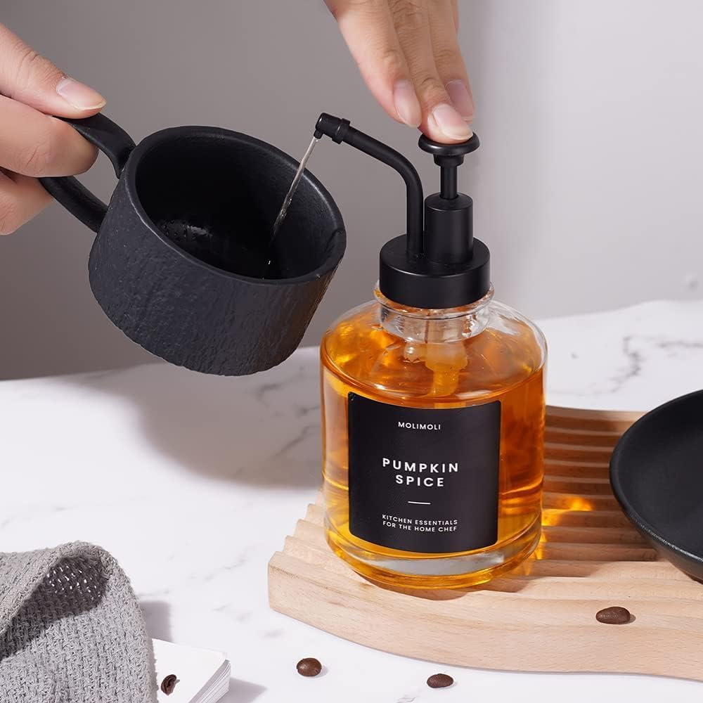 Molimoli Coffee Syrup Dispenser - Glass Bottle w. Pump, 11.8 oz 350 ml, Set of 2, Black Upgraded Pump