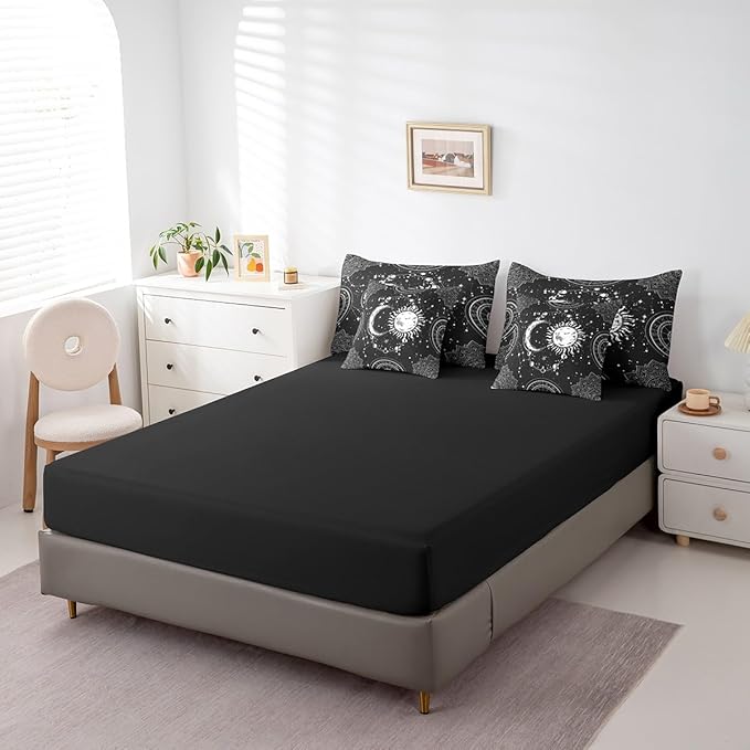 Sun and Moon 7 Piece Bedding Set, Constellation Galaxy Comforter Set Cover for Kids Boys Girls Teens Psychedelic Boho Mandala Bedding Set Celestial Black White Full Size