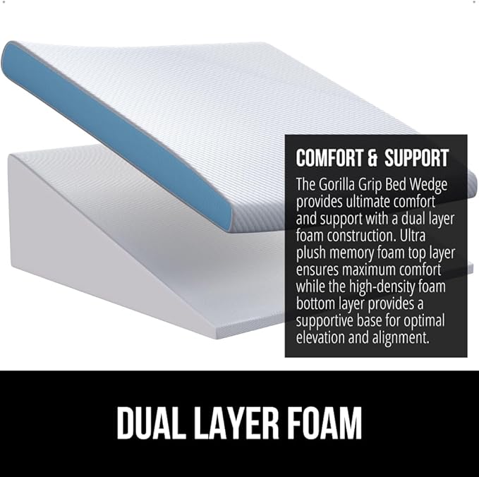 GORILLA GRIP Bed Wedge Pillow for Sleeping, Soft Dual Layer Memory Foam, Stay in Place Dots, Breathable, Ergonomic Headboard Triangle Sleep Support, Reading Elevation Anti Snoring, 12in White Gray