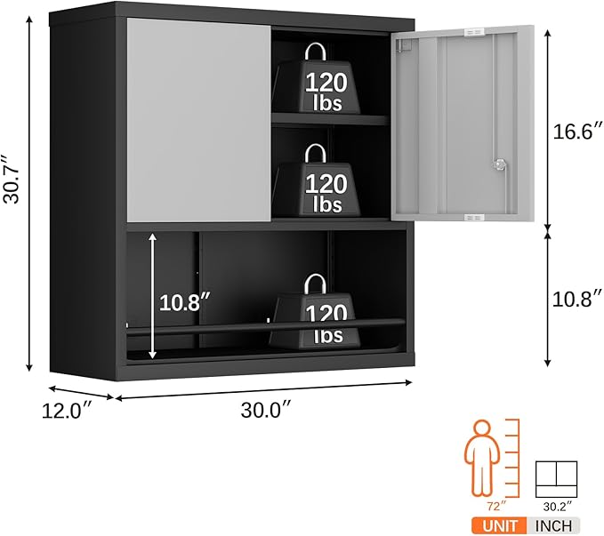 LUCYPAL Metal Wall Cabinet with Adjustable Shelf,Garage Wall Cabinets with Locking Doors and Open Storage,Steel Utility Storage Cabinets for Home Office,Warehouse,Black&Grey