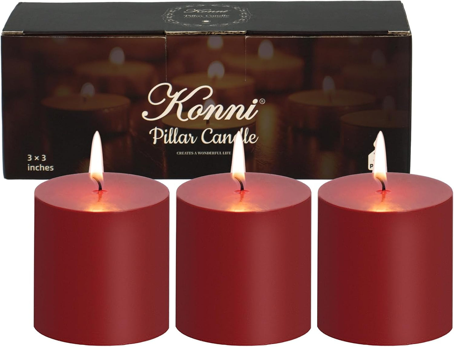 KONNI Dark Red Pillar Candles Set of 3, 3"x 3" Unscented Pillar Candles Bulk, 30 Hours Long Burning Candles, Smokeless&Dripless Large Round Candle for Wedding, Home Decoration, Parties, Spas, Dinner