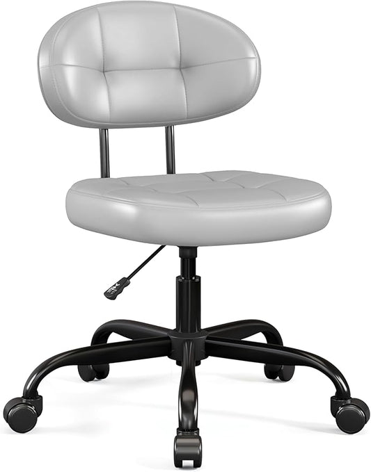 Misolant Vanity Chair with Back, Small Armless Cute Office Chair with Wheels and Lumbar Support, Comfy PU Leather Desk Computer Chairs with Adjustable Height, 360°Swivel for Home Bedroom Office, Gray
