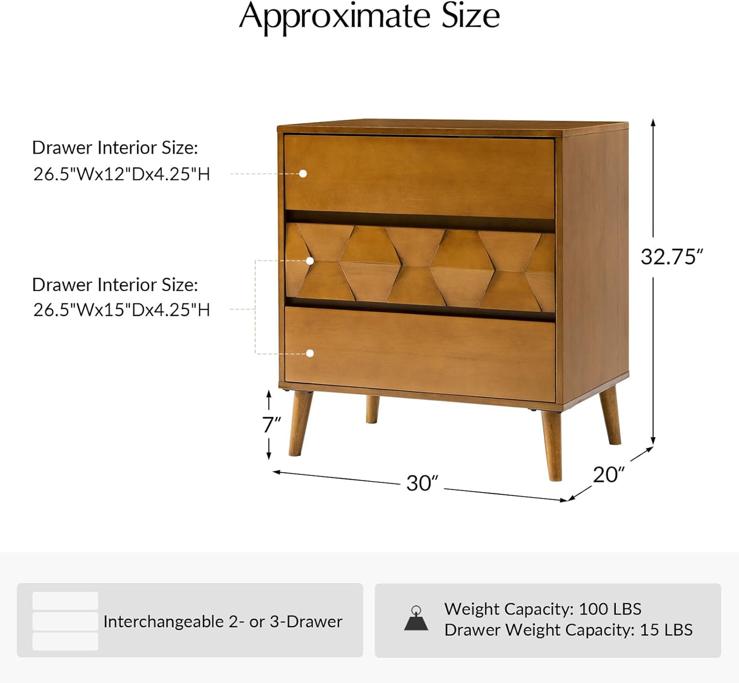 HULALA HOME 30" Wide Nightstands Set of 2, 3 Drawers Mid Century Modern Nightstand, Geometric Pattern Wood Bedside Table with Charging Station for Bedroom, Acorn