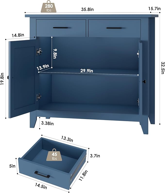 HORSTORS Kitchen Storage Cabinet, Modern Farmhouse Buffet Cabinet with Storage, Coffee Bar with 2 Drawers and 2 Doors, Floor Sideboard Buffet for Living Room, Dining Room, Bathroom, Blue