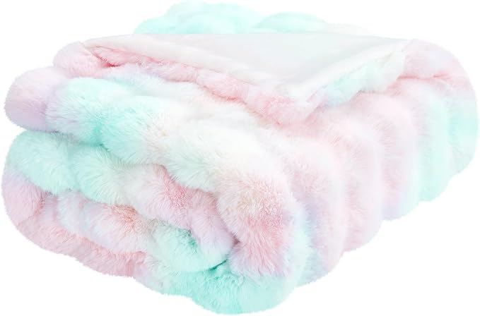 JONIYEAR Decorative Colorful Bubble Faux Rabbit Fur Throw Blanket 50" x 60", Thick Pastel Textured Warm Fluffy Blanket for Winter,Luxury Shag Cute Cozy Fuzzy Furry Lap Blankets for Couch Women,Rainbow