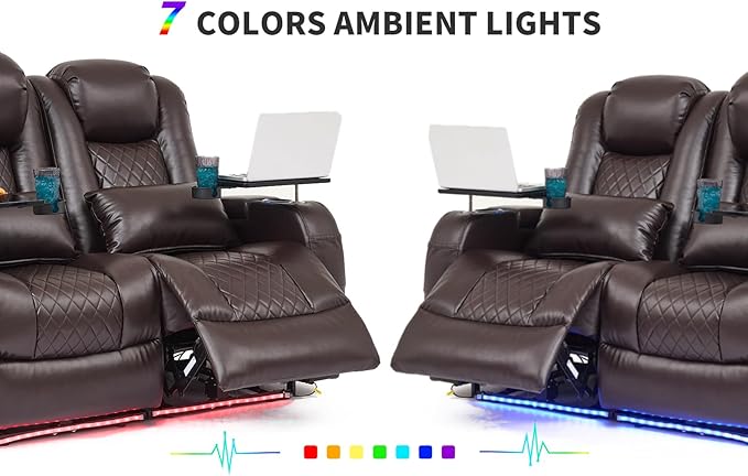 Home Theater Seating Seats, Game Movie Theater Chairs Theater Recliner Sofa with 7 Colors Ambient Lighting, Lumbar Pillow, Side Pocket, Tray Table, Power Recliner