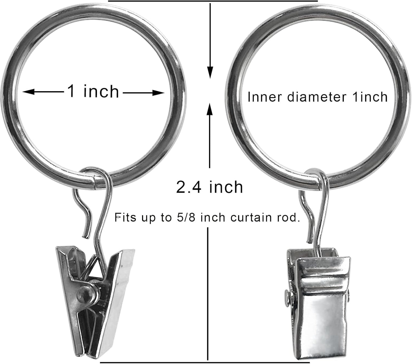 44 Pack Metal Curtain Rings with Clips, Drapery Clips with Rings, Drapes Rings 1 inch Inner Diameter, Fits Diameter 5/8 inch Curtain Rods, Silver