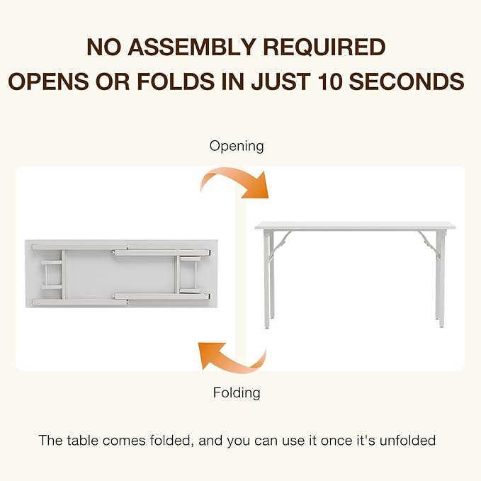 TEMI Long Computer Desk Folding Table - 55.1" Foldable Office Desk, No Assembly, Perfect Writing Table for Bedroom, Dorm, or Apartment, Portable Large Desk or Study Table with Compact Design, White