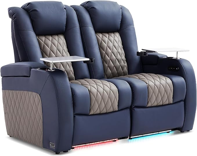 Home Theater Seating, Top Grain Leather Movie Seats Recliner Chair, Zero Gravity Reclining Gaming Sofa with Power Headrest 7 Colors Ambient Lighting 2 Seats Blue Grey