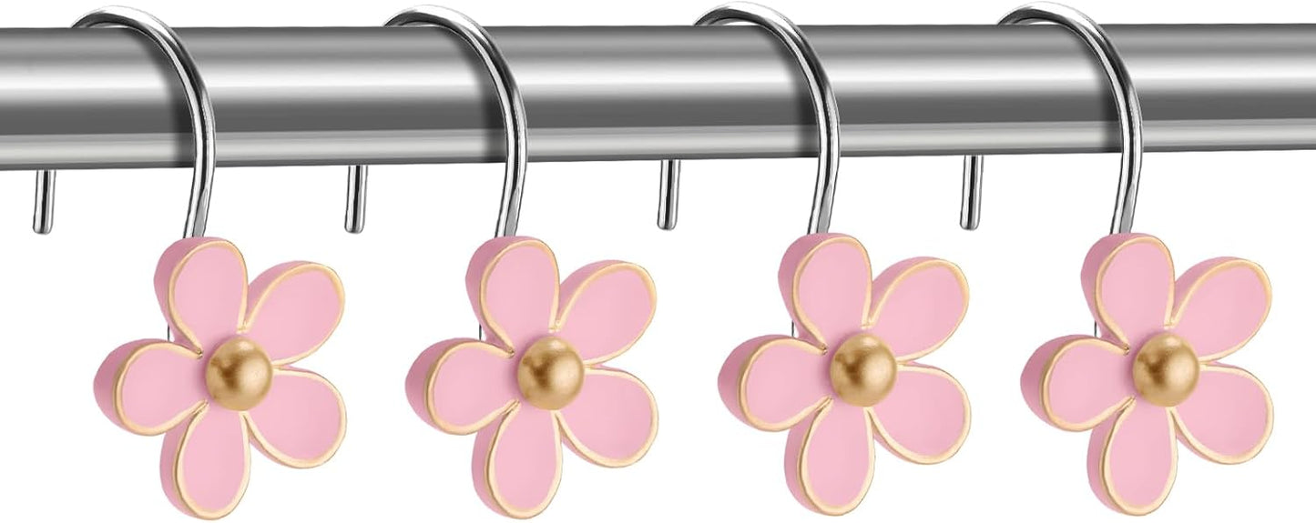 Cute Flower Shower Curtain Hooks, Pretty Floral Themed Elegant Bathroom Decor, Gold/Pink