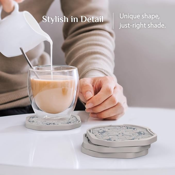 UMIRRO Absorbent Coasters for Drinks, Floral Silicone Cup Coaster with Felt Insert for Table Decor, Small Unique Birthday Gift Ideas for Coffee Lover, Men Dad Him Women Mom Her, 4", Set of 4