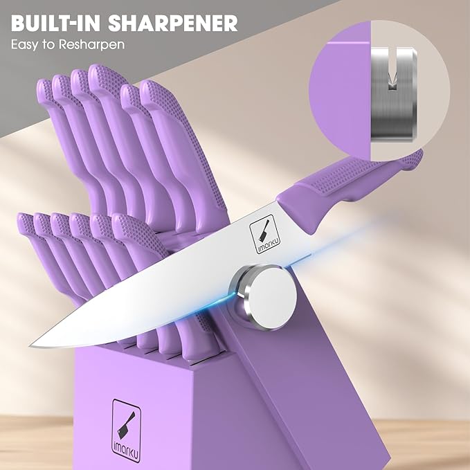 imarku Kitchen Knife Set, Sharp Knives Set with Built-in Sharpener, Stainless Steel Block Knife Set and Non-Slip Ergonomic Handle, Dishwasher Safe, 14 PCS Professional Knife Set for Gift, Lavender