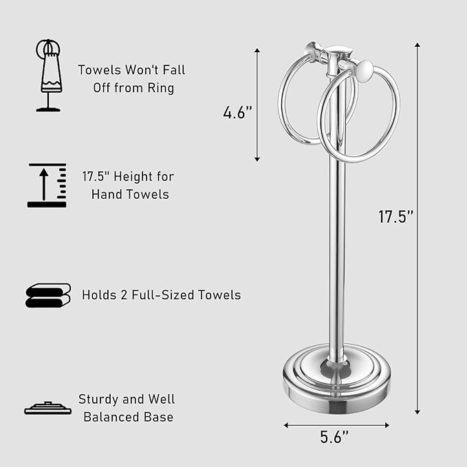 Hoimpro 17" Polished Chrome Standing Towel Rack Bracket, Double Towel Ring Free Hand Towel Stand Holder Bathroom Hardware Accessories Set Towel Bar for Bathroom Vanities and Kitchen Countertops