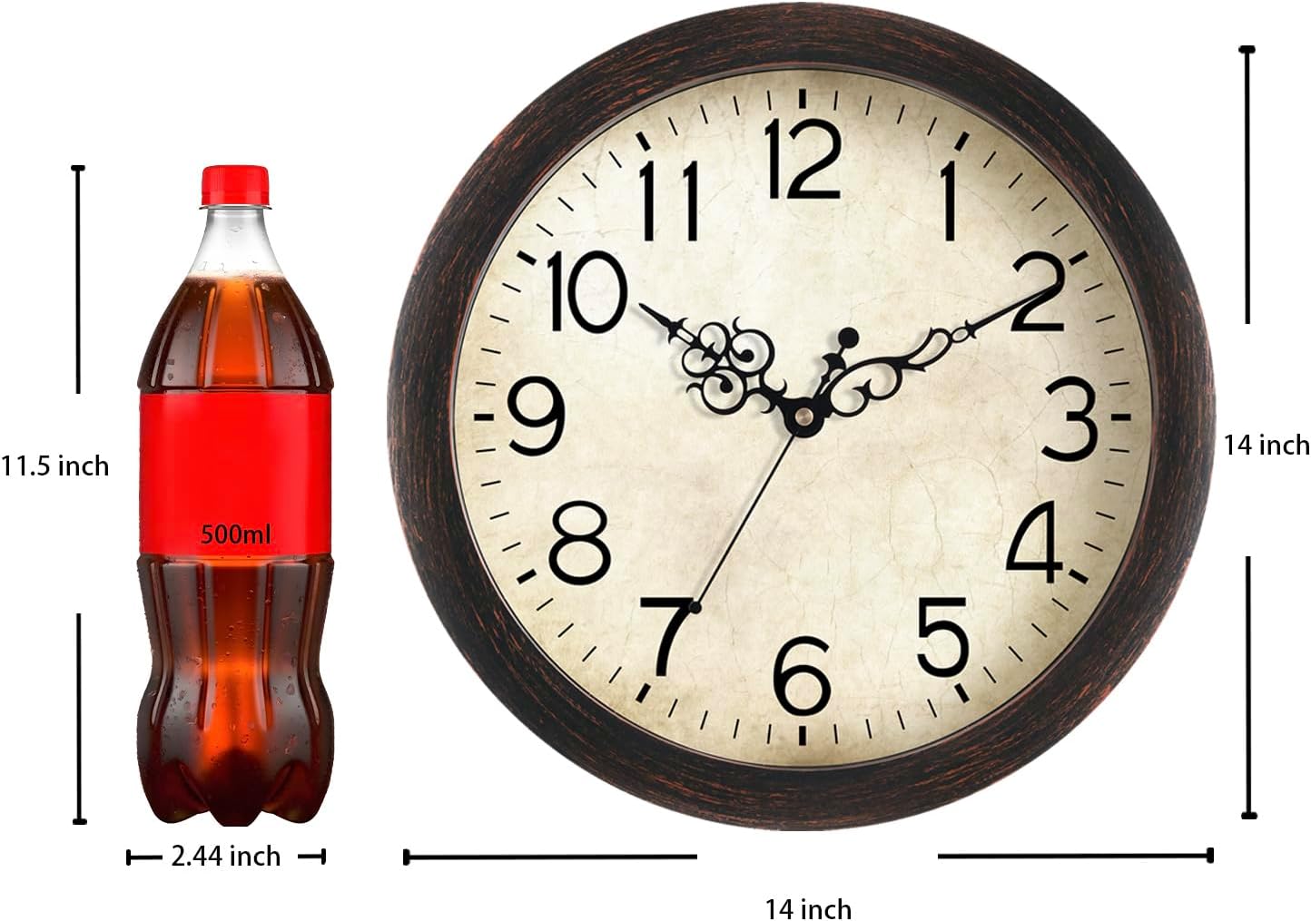 Wall Clock 14 Inch Vintage Wall Clocks Battery Operated Quartz Silent Non-Ticking Large Retro Rustic Style Decorative for Living Room, Home Office, Bedroom, Dining Room (Bronze)