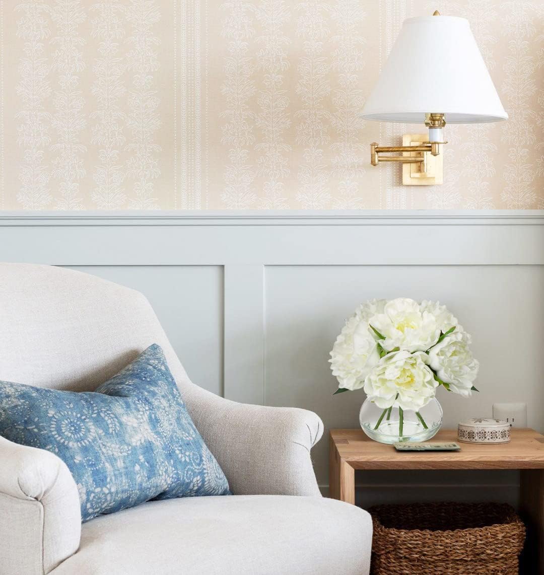 Hollyone Fake Flowers White Peonies Artificial Flowers Faux Flowers with Vase Peony Silk Flower Arrangements in Glass Vase with Faux Water for Home Decor Bathroom Table Centerpiece Shelf Decorations