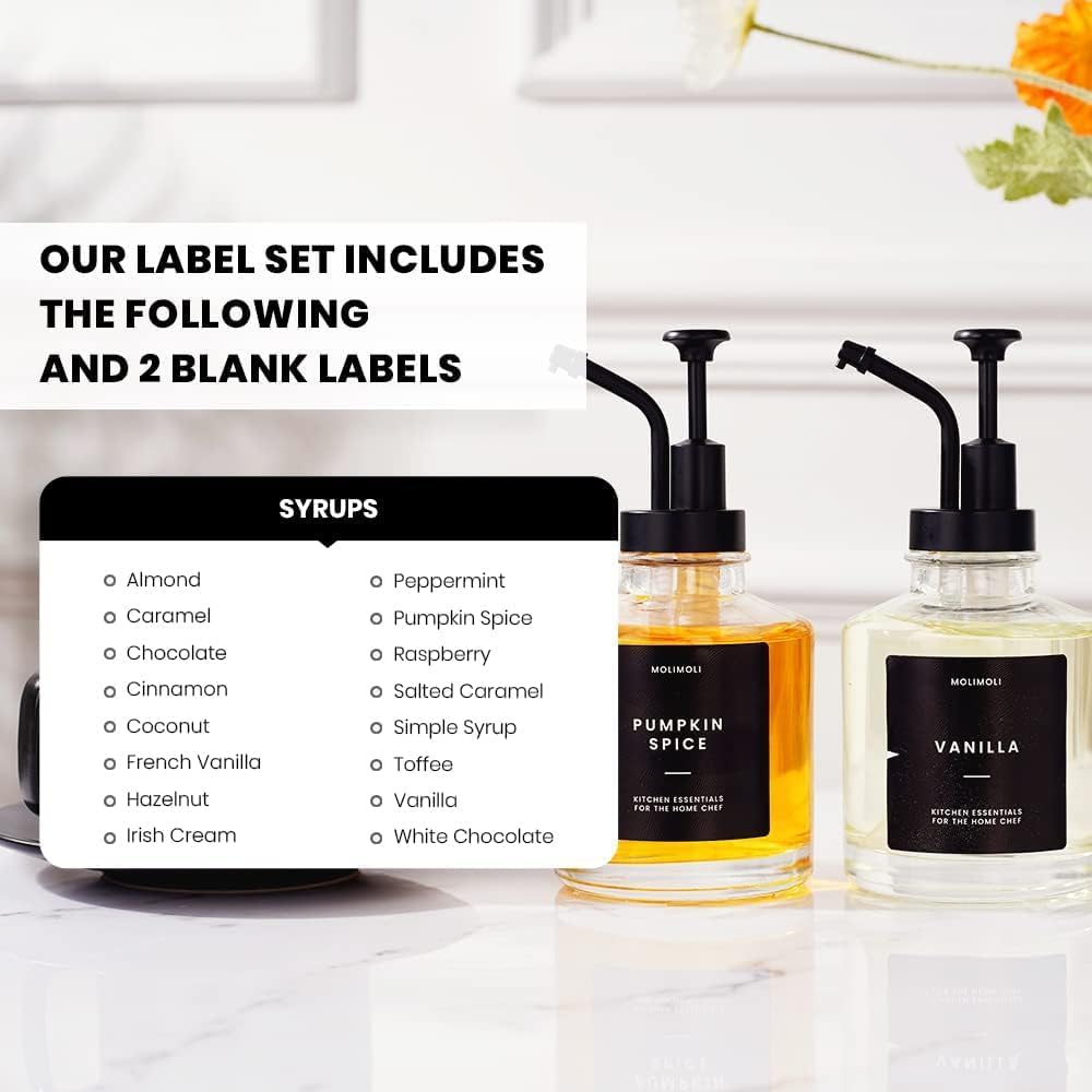 Molimoli Coffee Syrup Dispenser - Glass Bottle w. Pump, 11.8 oz 350 ml, Set of 2, Black Upgraded Pump