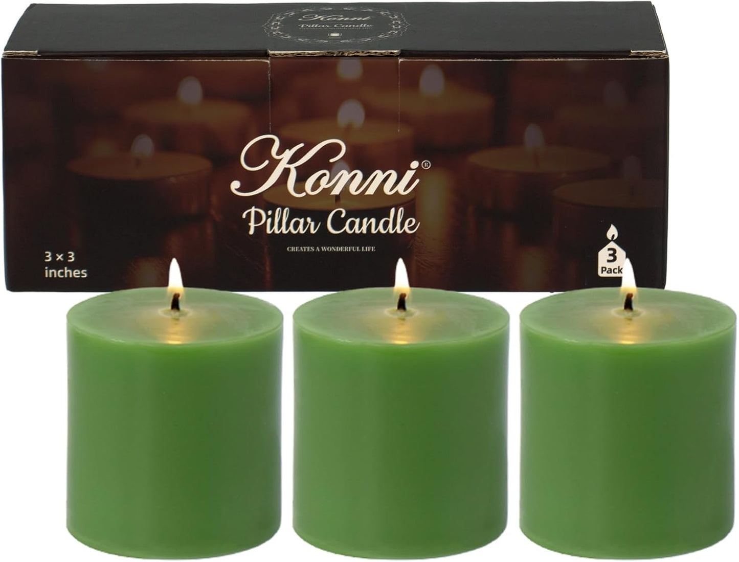KONNI Green Pillar Candles Set of 3, 3"x 3" Unscented Pillar Candles Bulk, 30 Hours Long Burning Candles, Smokeless&Dripless Large Round Candle for Wedding, Home Decoration, Parties, Spas, Dinner