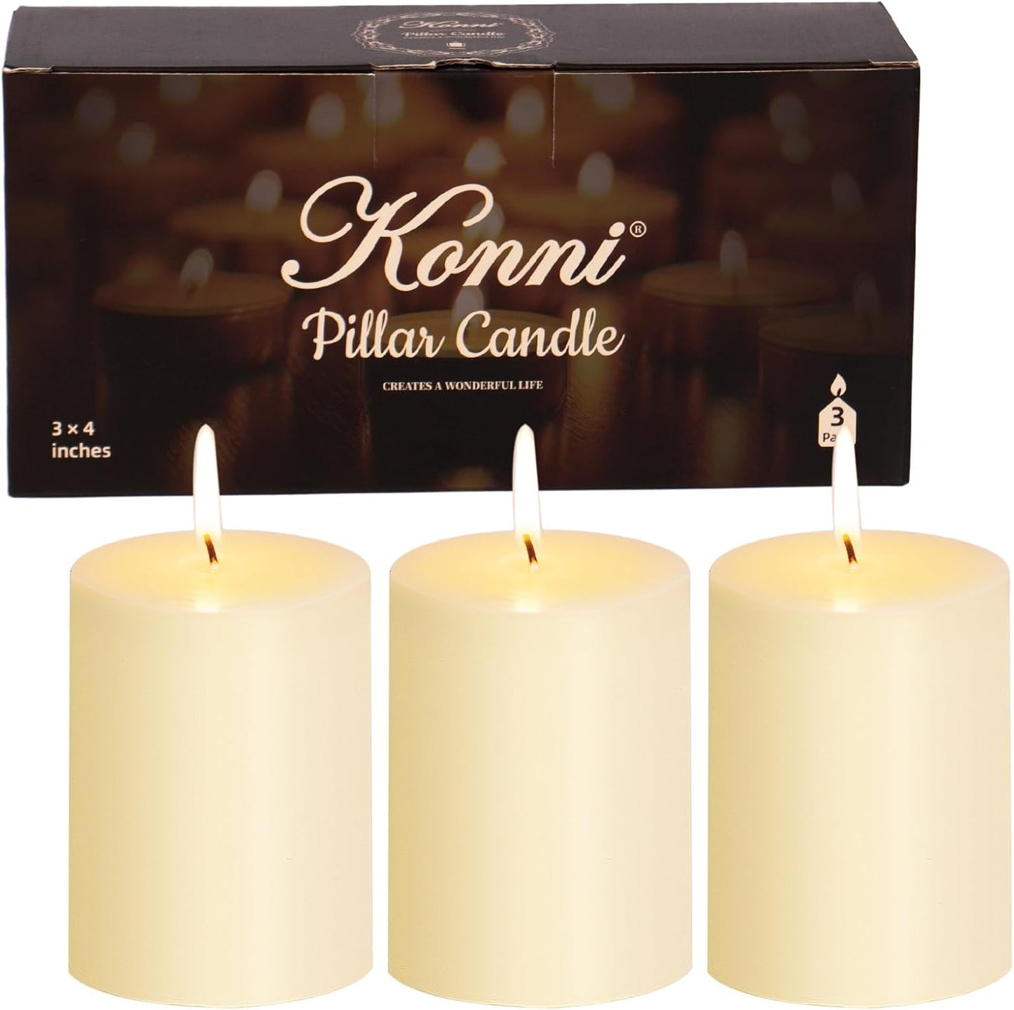 KONNI Ivory Pillar Candles Set of 3, 3"x 4" Unscented Pillar Candles Bulk, 39 Hours Long Burning Candles, Smokeless&Dripless Large Round Candle for Wedding, Home Decoration, Parties, Spas, Dinner
