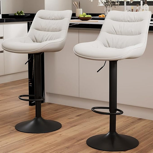 Kidol & Shellder Bar Stools Set of 2 Adjustable Swivel White, PU Leather Upholstered with Back, Modern Counter Height Stools for Kitchen Island, Home Bar