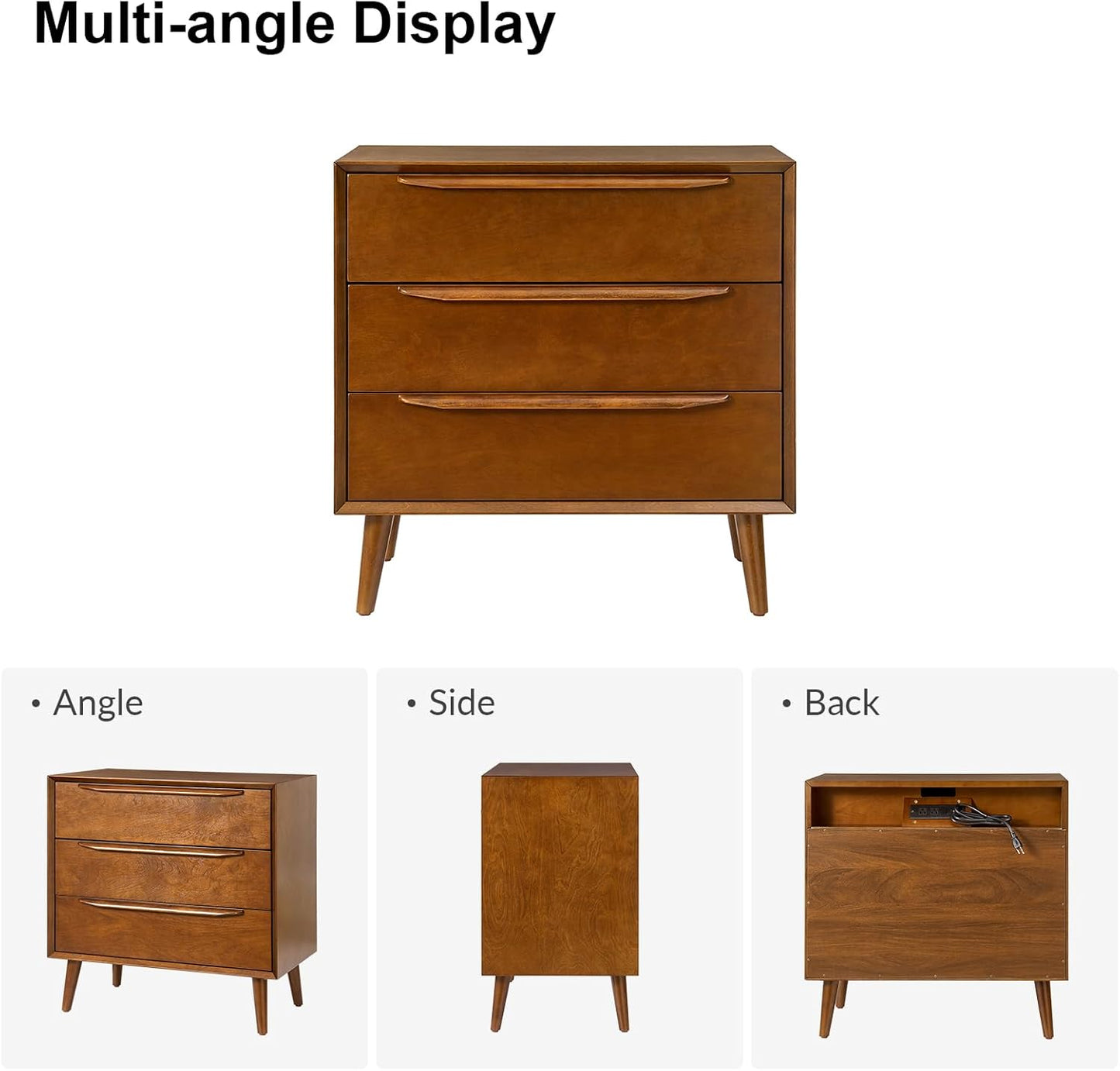 HULALA HOME Mid-Century Modern Nightstand Set of 2, 3-Drawers Nightstand with Charging Station(Acron)