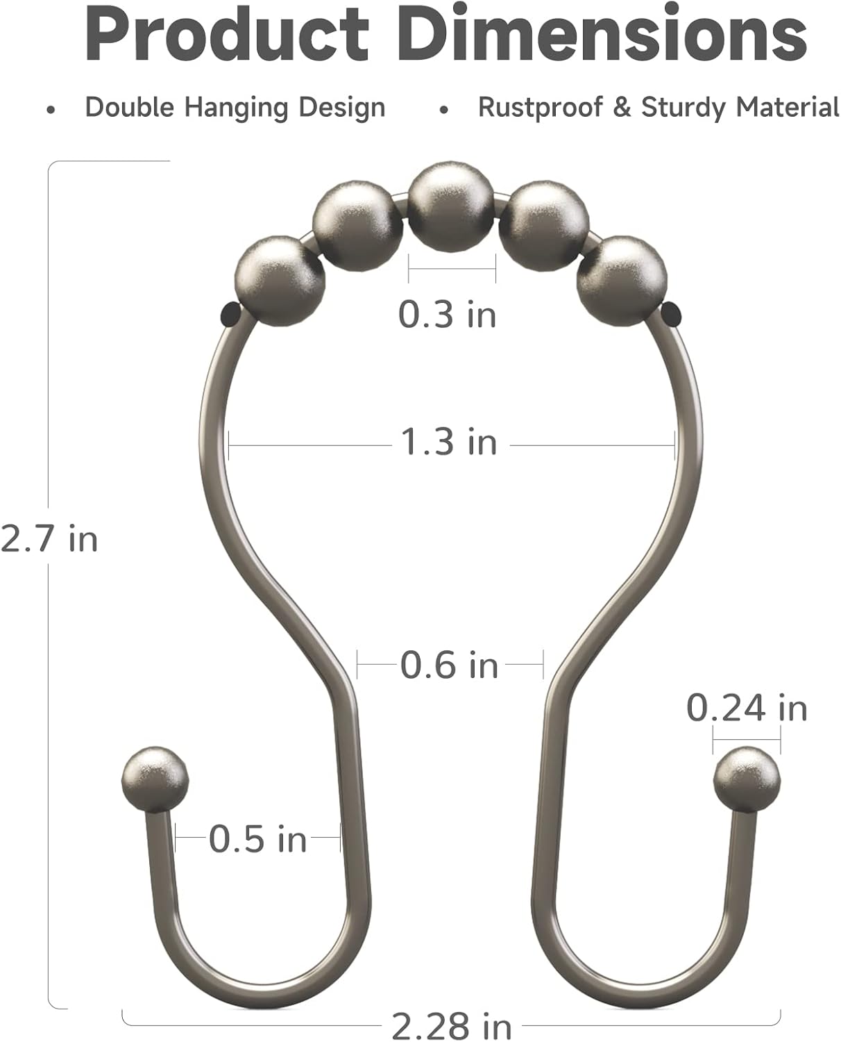 Shower Curtain Hooks Rust Proof Shower Curtain Rings, Smooth Glide Double Hook Shower Curtain Hooks,Shower Hooks for Shower Curtain Matte Nickel Shower Rod Hooks Shower Curtain Hangers 12Pcs