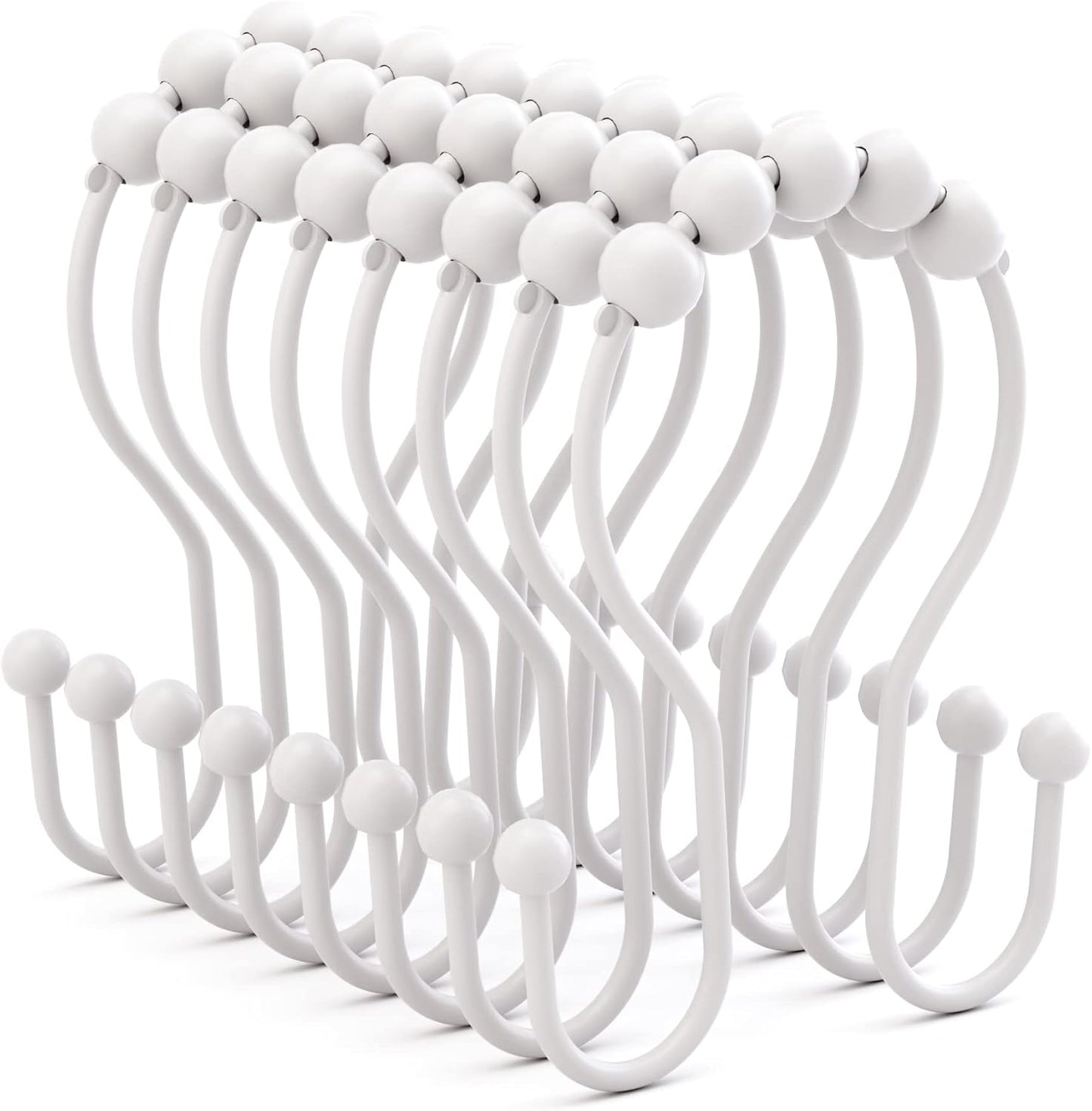 White Shower Curtain Hooks and Rings - Rust Proof, Smooth Glide, Double Hooks, 12 Pcs