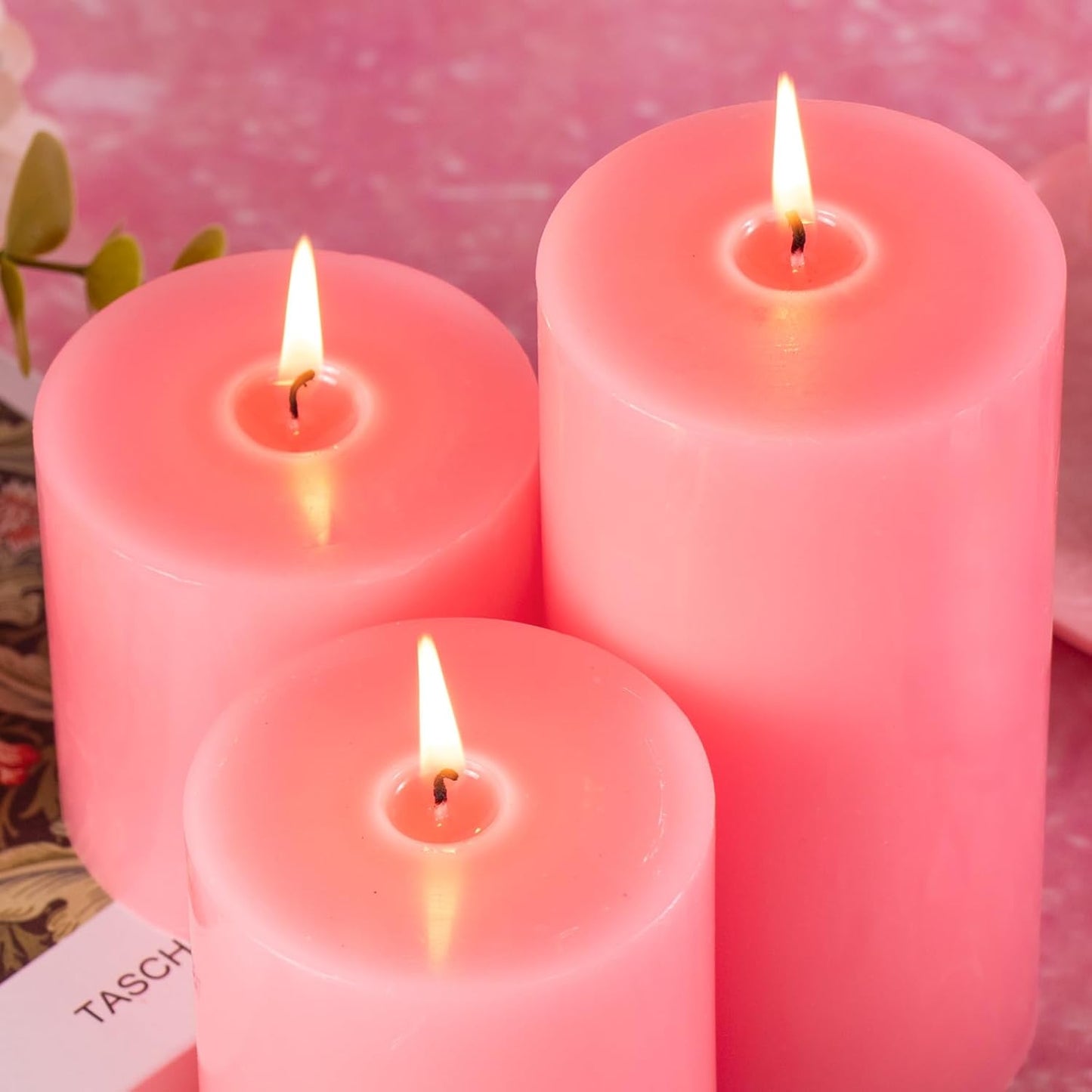 KONNI Pink Pillar Candles Set of 3, 3"x 3" Unscented Pillar Candles Bulk, 30 Hours Long Burning Candles, Smokeless&Dripless Large Round Candle for Wedding, Home Decoration, Parties, Spas, Dinner