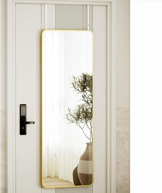 14"x48" Full Length Over The Door Mirror - Aluminum Alloy Frame Full Body Mirror with Height-Adjustable Hangers, Hanging Leaning Against Wall for Dorm, Gold