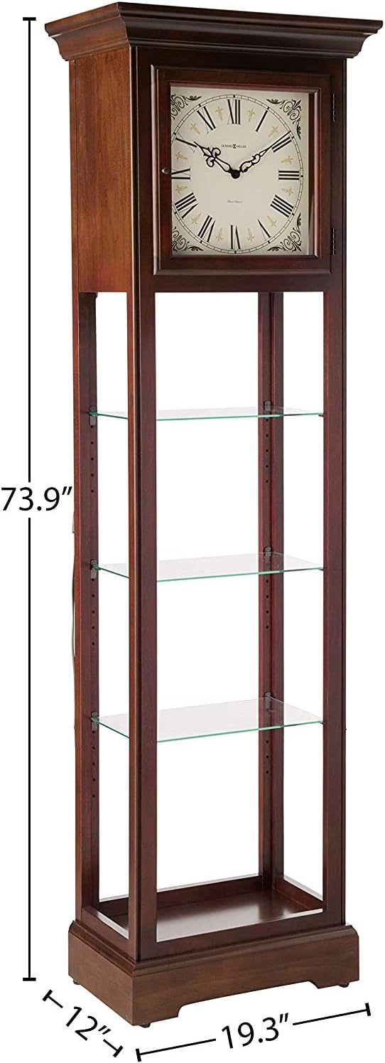 Howard Miller Le Rose Floor Clock, Espresso Finish Adjustable Glass Shelves with Pad Lock, Triple-Chime Movement Roman Numerals Analog Display Perfect Timepiece for Bedroom & Office Decor