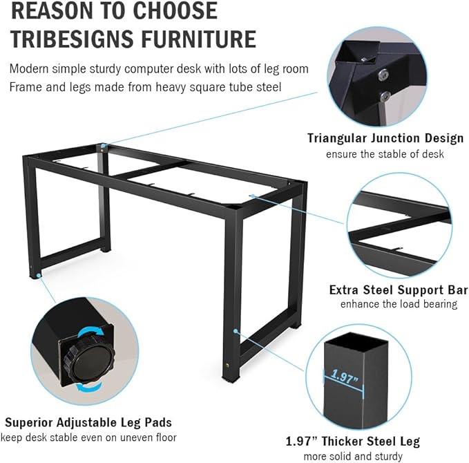 Tribesigns Computer Desk, 55 inch Large Office Desk Computer Table Study Writing Desk for Home Office, Black + Black Leg