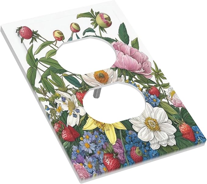 Spring Watercolor Flower Plant Strawberry Peony Floral Outlet Covers 1 Gang Duplex Electrical Receptacle Faceplate Light Switch Cover Wall Plate Decorative Switch Plates for Bedroom living Room Decor