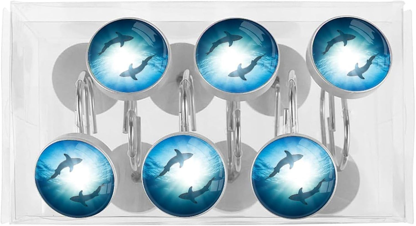 Sharks Shower Curtain Hooks, 12 Pcs Rust Proof Glass Surface Stainless Steel Curtain Rings for Bathroom Bedroom Living Room Kitchen Home Shower Rods Decor
