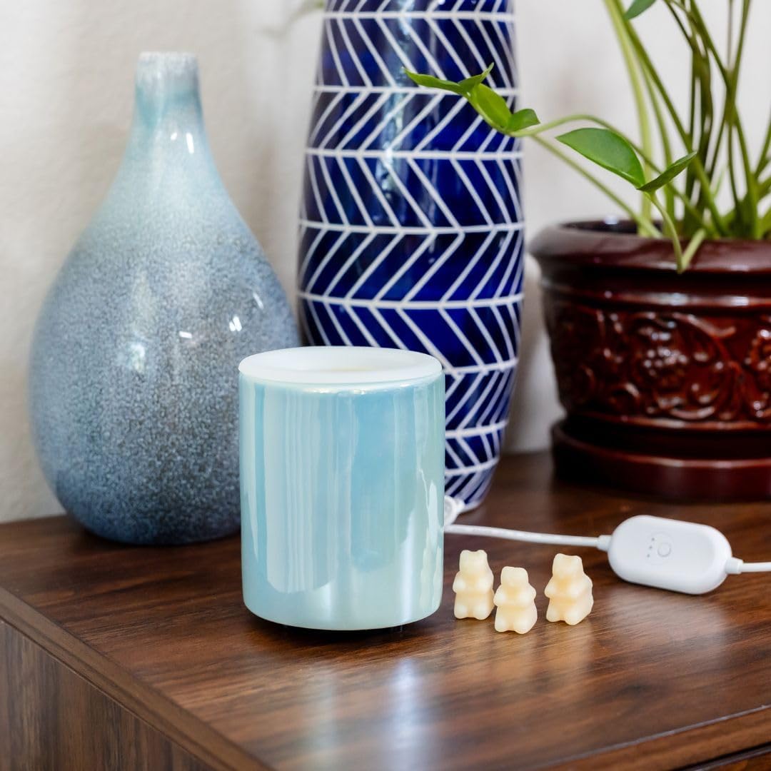 Happy Wax Iridescent Blue Mini Mod Wax Melt Warmer with 3, 6, and 9 Hour Timer for Scented Wax Melts, Tarts & Cubes - Electric, Ceramic Wax Melter with Removable No Mess Silicone Wax Dish