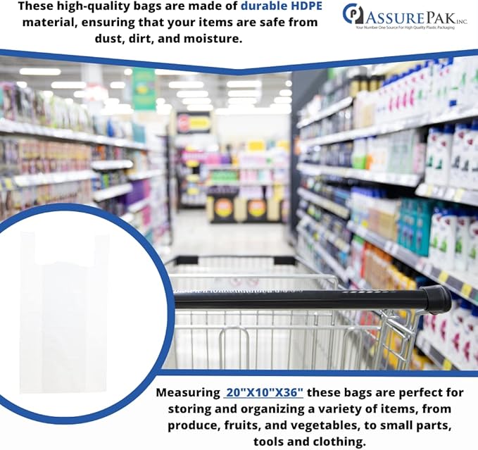 White Unprinted HDPE T-Shirt Bags - 20"x10"x36" with handles – 250 Units – 18 Microns – Retail, Business, Market, Home, at the Farmer's Market, or in a Grocery Store