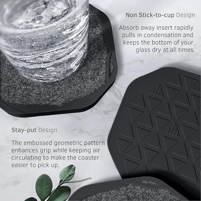 UMIRRO Black Coasters for Tabletop Protection with Super Absorbent Felt Pad - Unique Modern Cup Coasters for Farmhouse, Bar, Office, Home - Set of 4