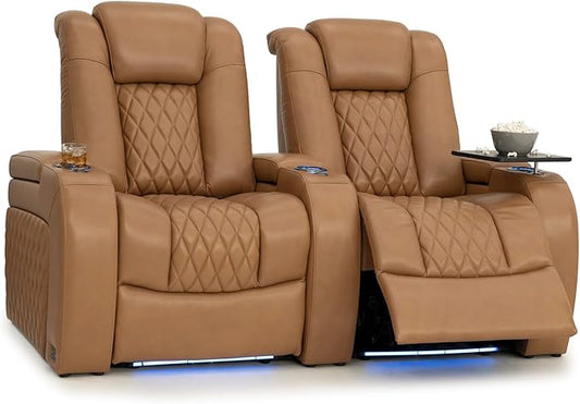 Seatcraft Diamante Zero-Gravity CoolZero Italian Leather Home Theater Seating, Power Headrest, Power Recline, Row of 2, Tan Oak