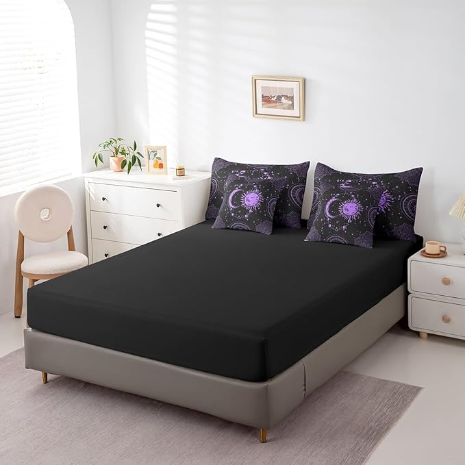 Sun and Moon 7 Piece Bedding Set, Constellation Galaxy Comforter Set Cover for Kids Boys Girls Teens Psychedelic Boho Mandala Bedding Set Celestial Puprle Black Full Size