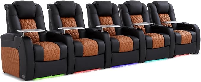 Home Theater Seating, Top Grain Leather Movie Seats Recliner Chair, Zero Gravity Reclining Gaming Sofa with Power Headrest 7 Colors Ambient Lighting 5 Seats Black Camel