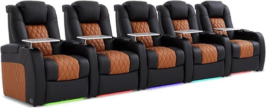 Home Theater Seating, Top Grain Leather Movie Seats Recliner Chair, Zero Gravity Reclining Gaming Sofa with Power Headrest 7 Colors Ambient Lighting 5 Seats Black Camel