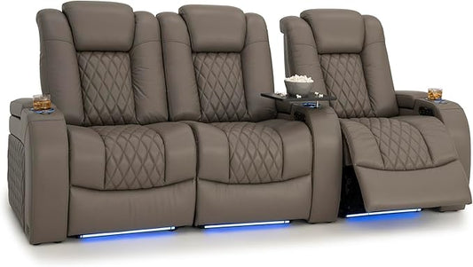 Seatcraft Diamante Zero-Gravity CoolZero Italian Leather Home Theater Seating, Power Headrest, Power Recline, Row of 3 Left Loveseat, Gray